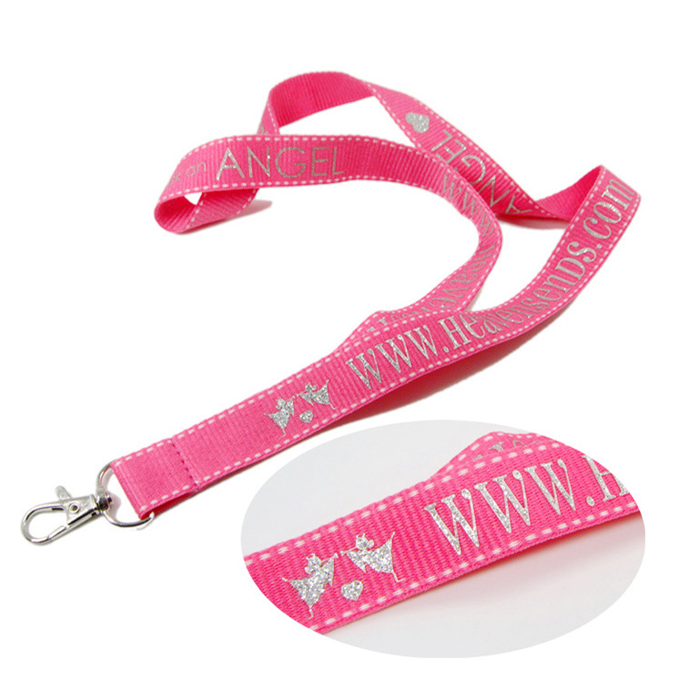 Silver glitter business logo pink polyester neck lanyards