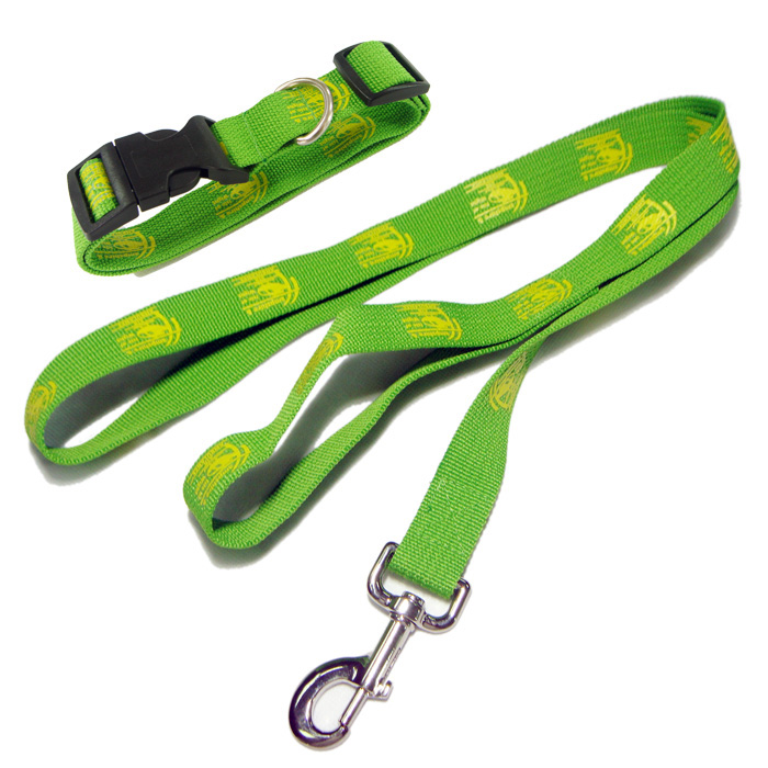 Green color fabric polyester printing custom logo dog leashes and collar