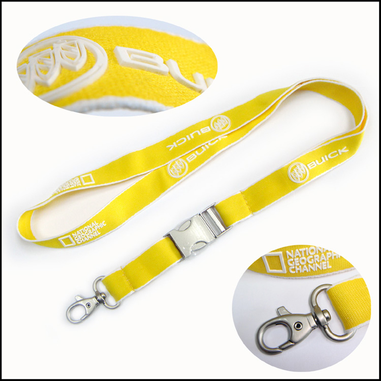Silicone 2D logo yellow polyester lanyards with metal buckle