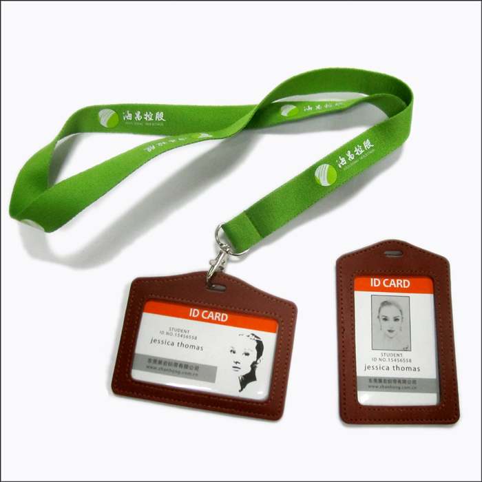 Imprinting logo polyester lanyard with leather card holder