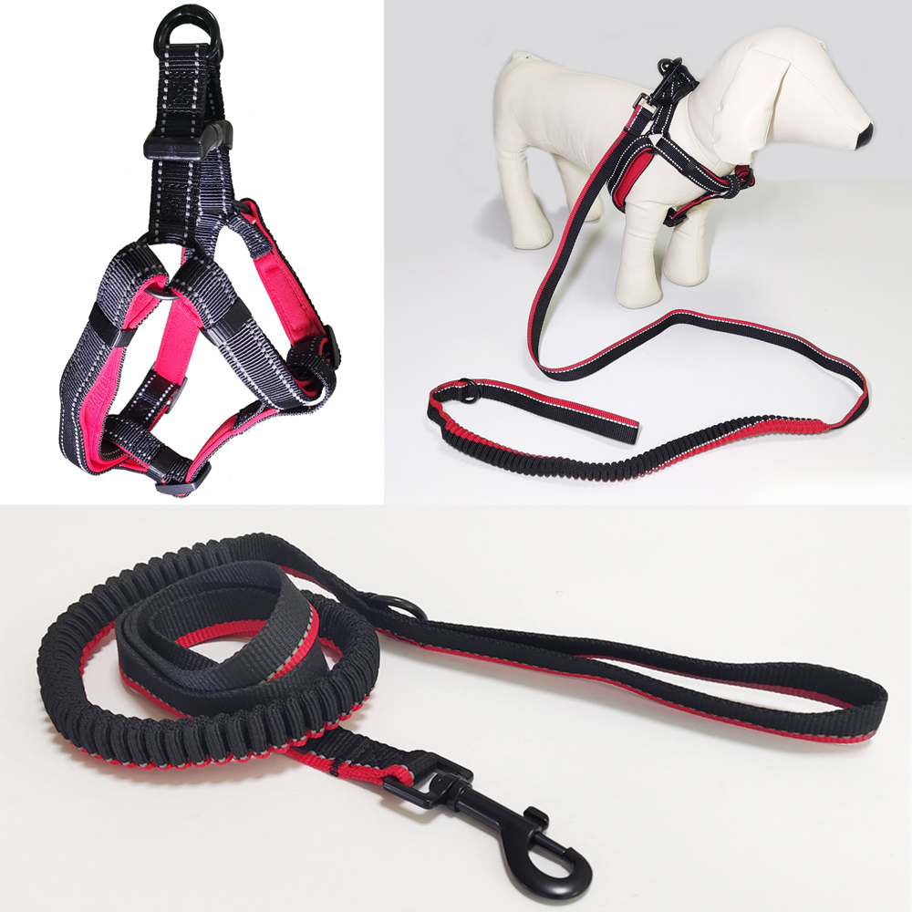 Reflective polyester nylon elastic pet dog leash freely adjust straps style neoprene base dog harness