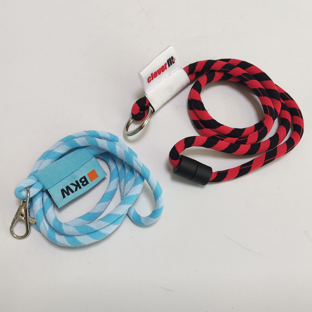 Custom design color high Elastic round rope lanyards with woven satin logo