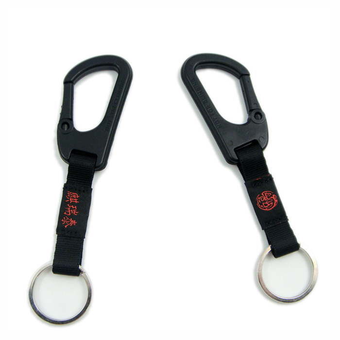 Plastic carabiner woven logo satin polyester custom design key holder strap