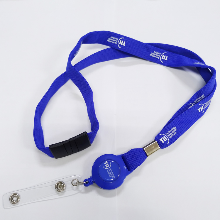 Blue tubular knitting safety breakaway badge id card holder lanyard with retractable reelers