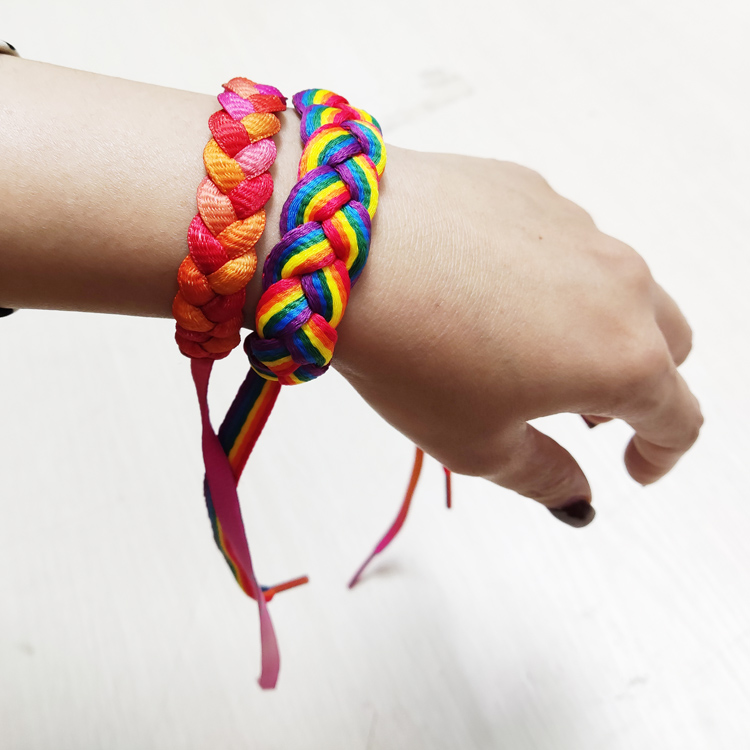 Polyester braided wrist band plaiting hand made fabric rainbow fashion hand strap bracelets