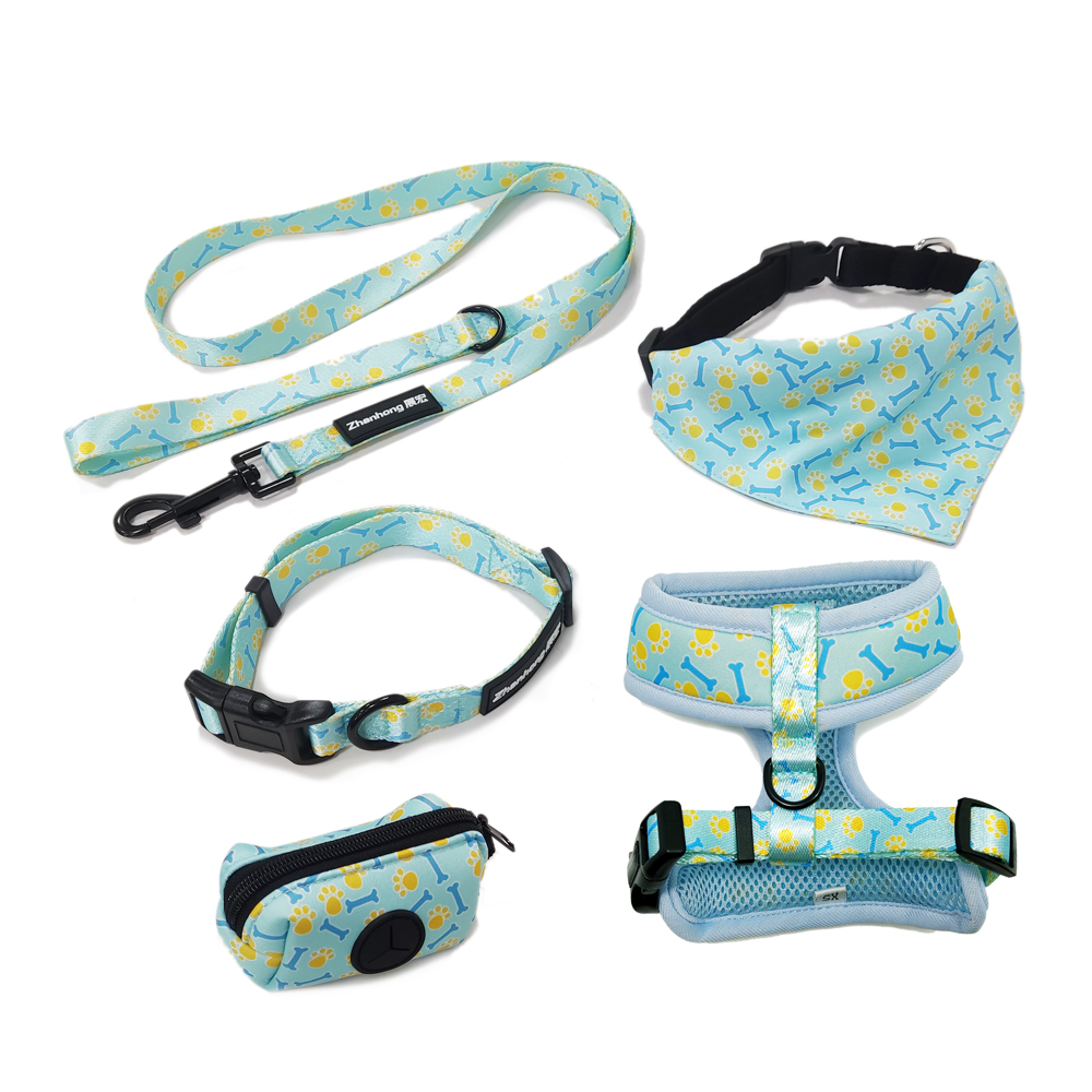 Custom Personalized Outdoor Pet dog Harness Poop Dispenser Bag Dog Cat Bandana Adjustable Pet Harness Leash And Collar Set