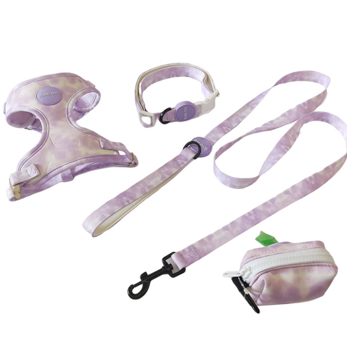 紫色印花软布料胸背牵引项圈套装