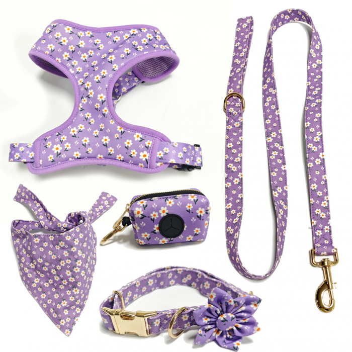 紫色印花软布料胸背牵引项圈五件套装