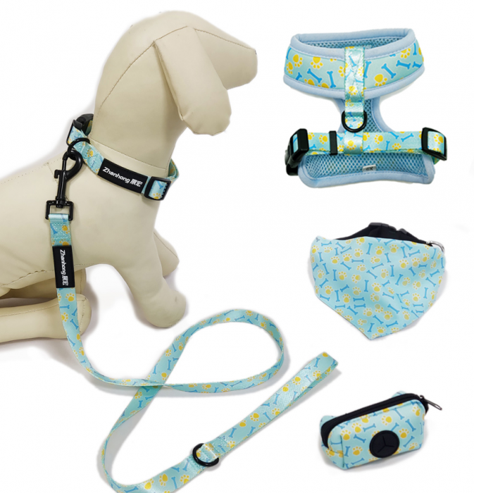 蓝色宠物用品套装宠物训练用品外出遛狗用品垃圾包项圈背心牵引绳